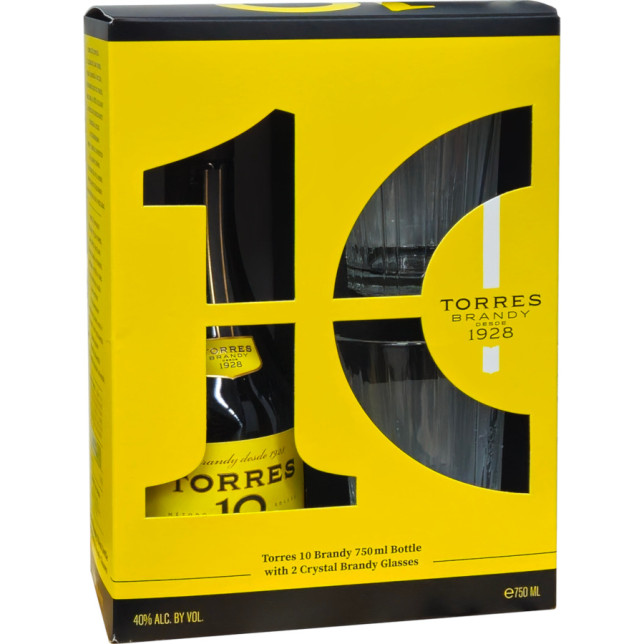 Torres 10 Reserva Imperial Brandy Gift with 2 Crystal Brandy Glasses